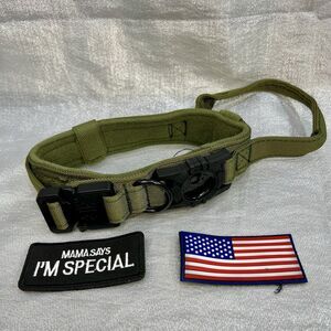 NEW Tactical Green Air Tag Safe Dog Collar W/ Hook & Loop Add Ons Size LARGE